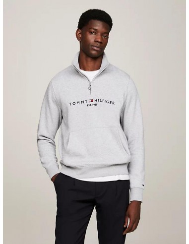 Pull demi zip Tommy Hilfiger gris en coton bio soldes