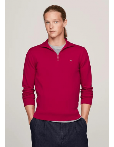 Pull demi zip Tommy Hilfiger bordeaux en coton bio le concept de la Pate a emporter 