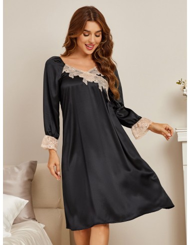 Pure Silk Women's Silk Lace Long Sleeve Midi Nightgown de votre