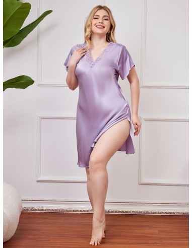 Pure Silk Lace Neck Split Hem Plus Size Nightgown le des métaux précieux