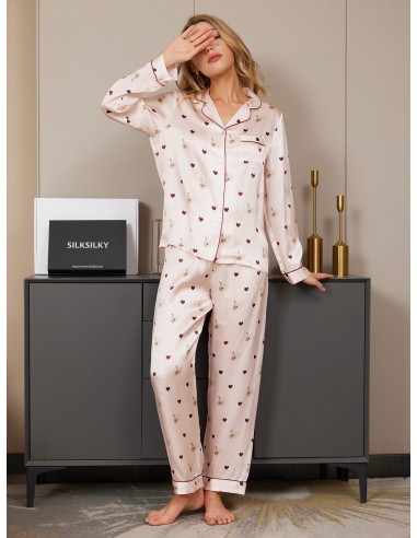 Pure Silk Heart Pattern Button Up Womens Pajamas 2Pcs sur le site 