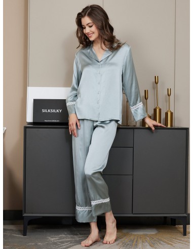 Pure Silk Solid Color Classic Binding Trim Womens Pajama Set les ctes