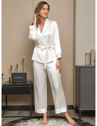 19Momme Contrast Trim Belted Lapel Silk Pajama Set Economisez 