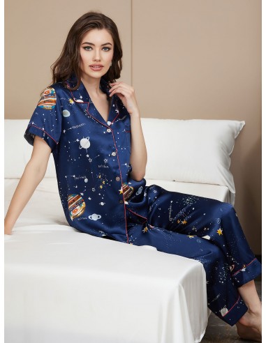 Clearance(US Warehouse) - 19Momme Pure Silk Galaxy Pattern Womens Pajama Set livraison et retour toujours gratuits