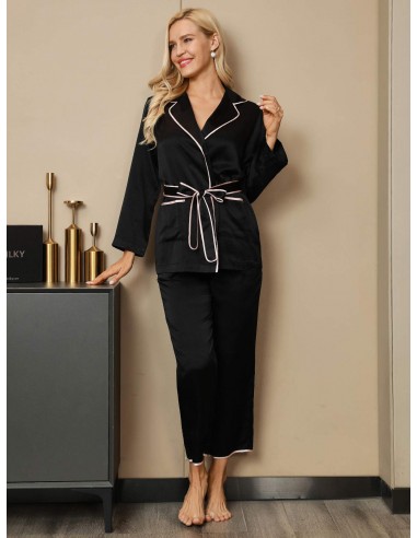 Clearance - 19Momme Contrast Trim Belted Silk Pajama Set de la marque