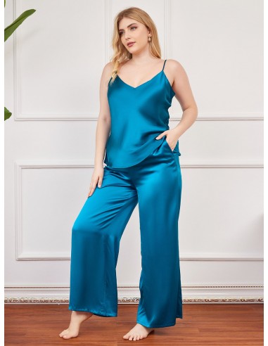 Plus Size Pure Silk Cami & Wide Leg Pants Pajama Set le des métaux précieux