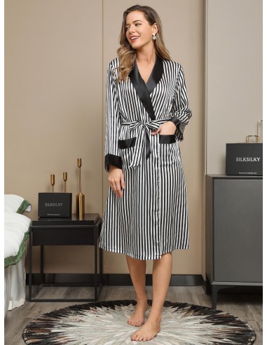 Clearance(US Warehouse) -  Pure Silk Stripe Pattern Belted Long Robe online