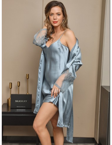 Pure Silk Elegant Lace Cuffs Nightgown&Robe Set 2Pcs pas cher chine