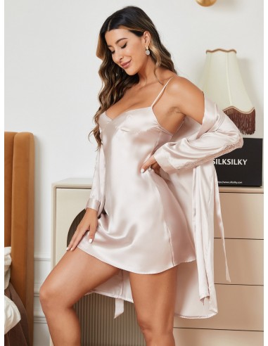 Pure Silk Elegant Belted Nightgown&Robe Set 2Pcs plus qu'un jeu 