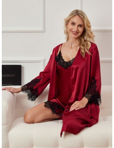 Pure Silk Lace Trimed Nightgown & Robe Set 2Pcs basket pas cher