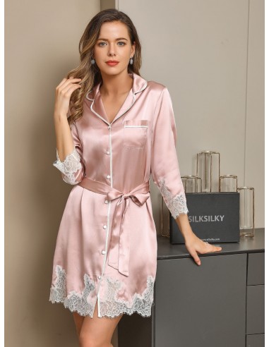 19Momme Pure Silk Lace Cuffs & Hem Sleepshirt/Robe Venez acheter