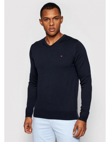 Pull col V Tommy Hilfiger marine coton pima et cachemire Jusqu'à 80% De Réduction