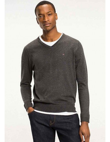 Pull col V Tommy Hilfiger gris anthracite coton pima et cachemire 50% de réduction en Octobre 2024