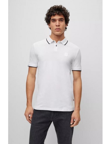 Polo à liserés BOSS blanc en coton stretch français