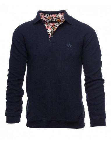 Polo manches longues col fleuri Ethnic Blue marine en coton prix pour 